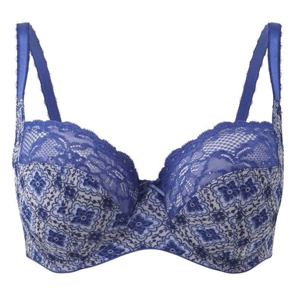 Panache Underwire Bra Womens 34FF Blue Floral Lace Full Coverage Lingerie